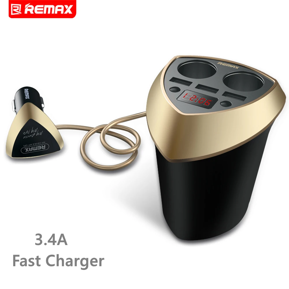 

Remax Cup Car Charger Cigarette Lighter Voltage Display Cigarette Lighter Plug Socket Splitter 3 USB For iphone 6 7 plus samsung