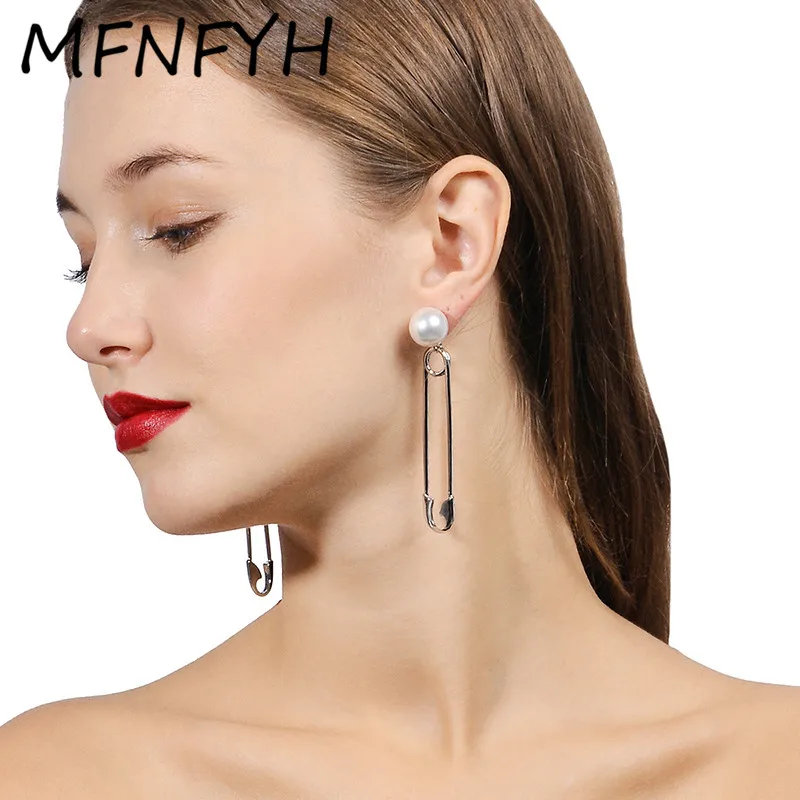 MFNFYH New Design Safety Pin Dangle Drop Earrings with Imitation Pearl