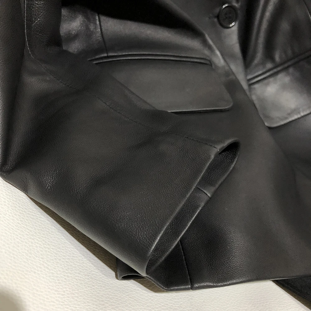 Yoloagne Женская куртка из натуральной кожи, женский двубортный черный кожаный блейзер с v-образным вырезом и поясом