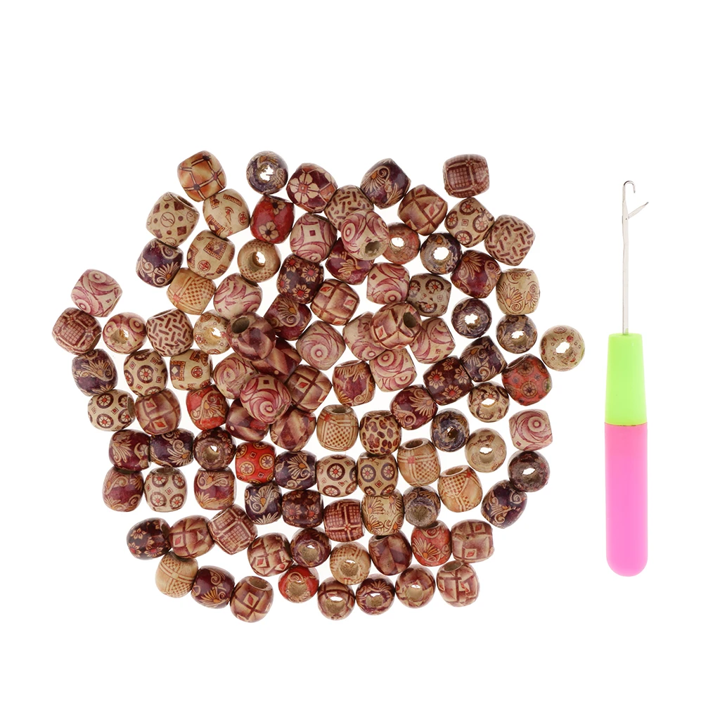 Professional Hair Latch Crochet Hook Needle with 100pcs Wood Dreadlocks Cuffs Dread Hook Braiding Weaving Beads Decoration Tool