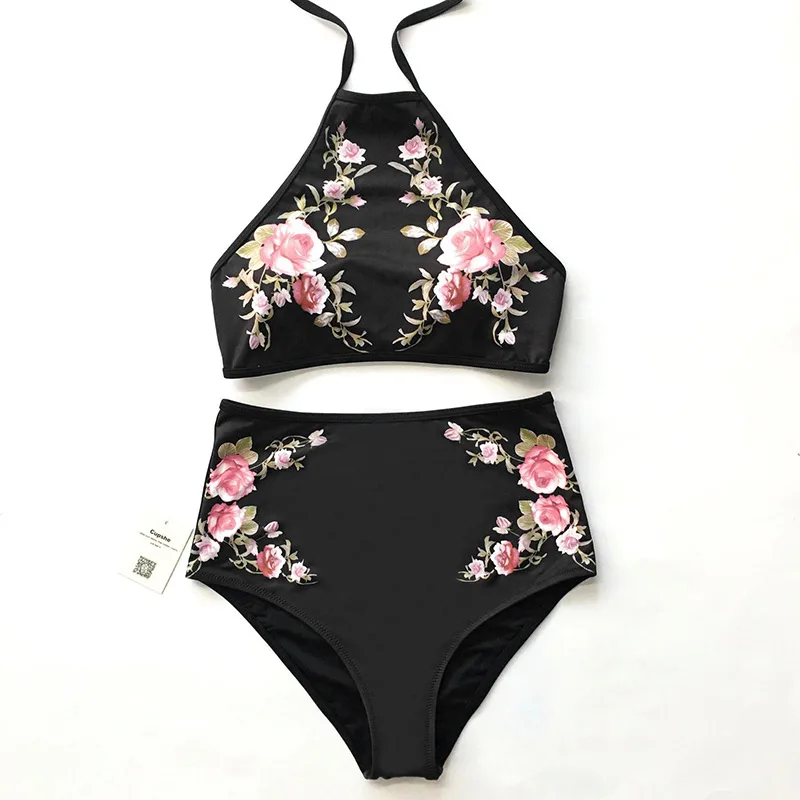 CUPSHE Black Floral Halter Bikini Set Women Sexy Backless Tank High Waist Two Pieces Swimwear 2020 Girl Bathing Suits Swimsuits