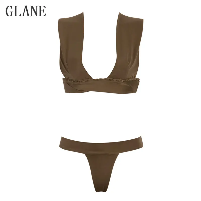 2017 Women Bandage Thong Brazilian Bikinis Swimwear Female Sexy Khaki