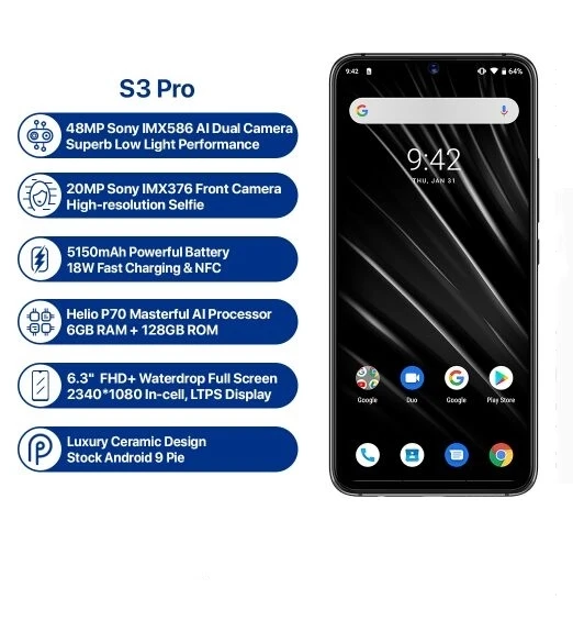 Смартфон UMIDIGI S3 Pro, 4G, 6,3 дюймов, Android 9,0, четыре ядра, 2,1 ГГц, 6 ГБ ОЗУ, 128 Гб ПЗУ, МП, фронтальная камера, мобильный телефон