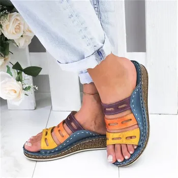 

SLHJC Women Slippers Open Toe Wedges Heel Low Heel Leather Color Patchwork Sandals Female Plus Size Shoes Cozy Holiday Slides