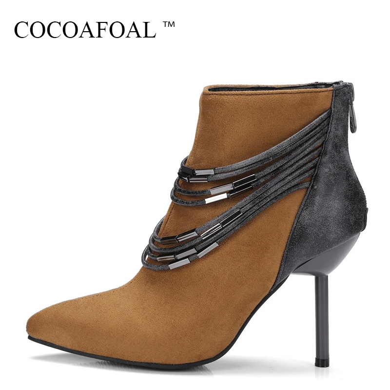 

COCOAFOAL Woman Metal Decoration Martin Boots Autumn Winter Black High Heeled Shoes Plus Size 33 43 44 Pointed Toe Chelsea Boots