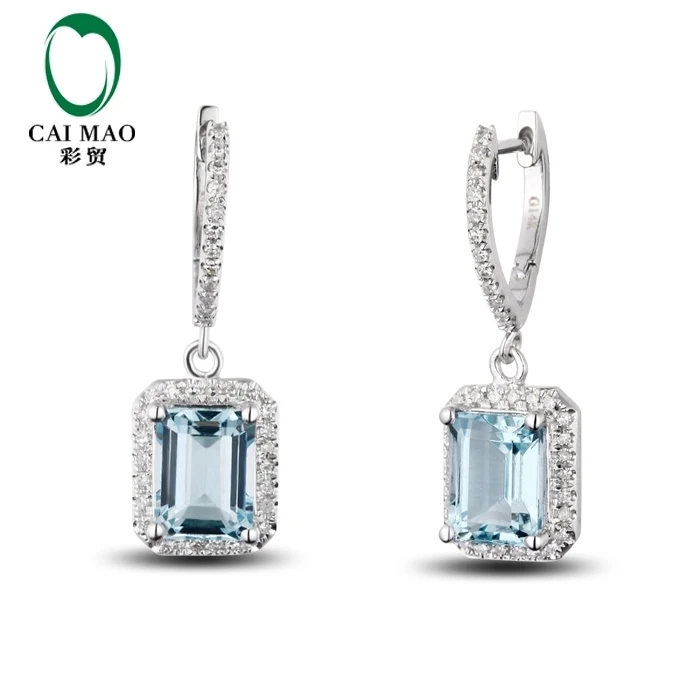 CaiMao 2.98 ct Natural Aquamarine 14KT/585 White Gold 0.35ct Round Cut Diamond Wedding Earrings Jewelry Gemstone