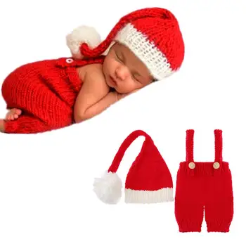 

2pcs/Set Newborn Photography Props Warm Baby Knitting Overalls Hat Pants Christmas Costumes Suit for Boys Girls Red Clothes Set