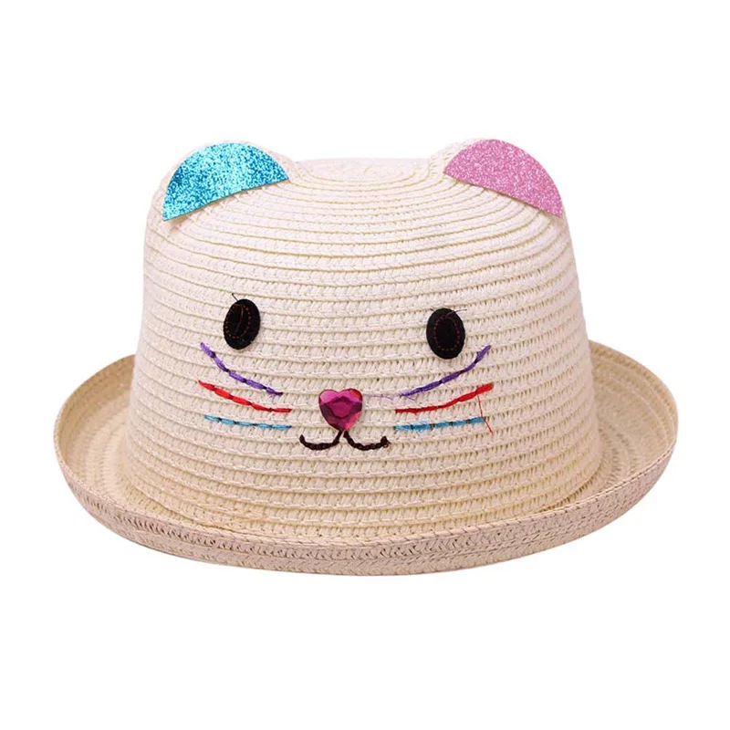 Летняя детская шапочка колпачок для детей, дышащие соломенные шапки, детские шапки с кошачьими ушками, Детские милые однотонные шапки для мальчиков и девочек