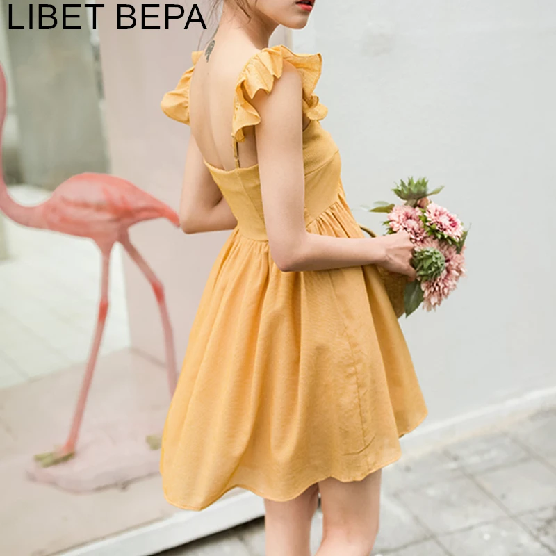 

2019 Spring Summer Women Dress Vintage Big Hem Spaghetti Strap Ruffles Ball Gown Sleeveless Backless V-Neck Mini Dress DR1831