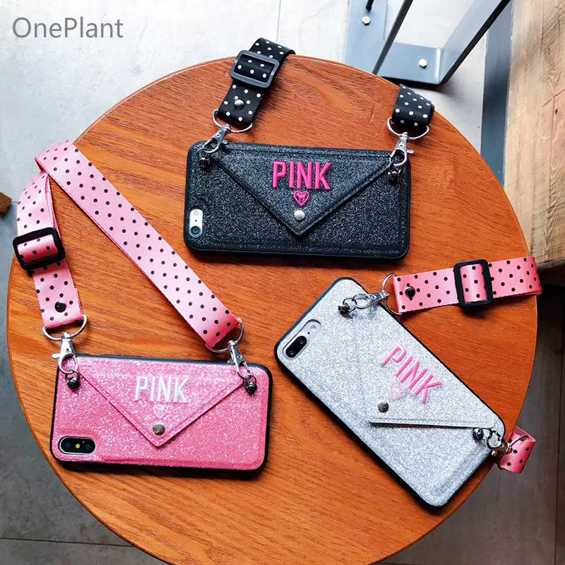 

OnePlant Luxury PINK Glitter Embroidery Leather Case for iPhone 7 8 6s Plus Fashion Wave Point Lanyard For iphone XR XS Max Case