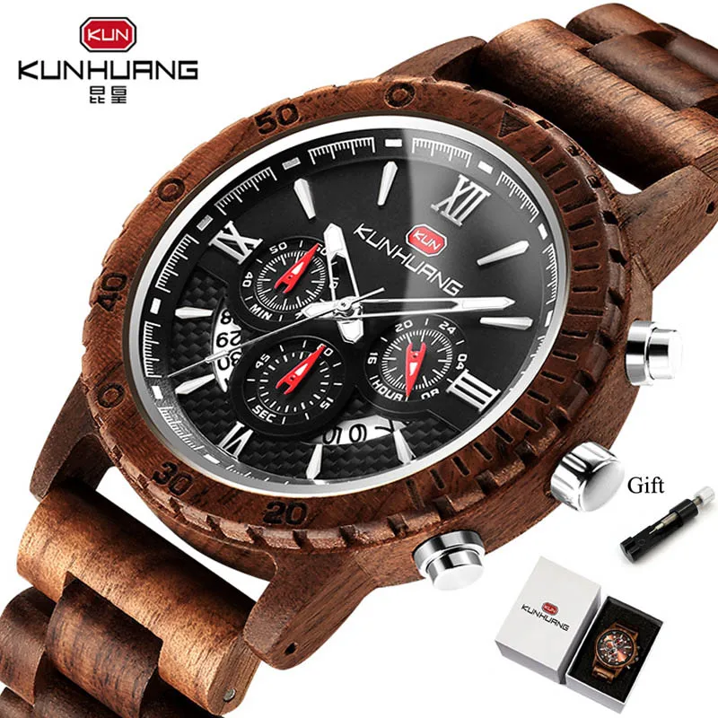Brown(with box) Ручной работы деревянные Для мужчин, мужские часы, Элитный бренд спортивные кварцевые часы мужские военные наручные часы-хронограф с полным календарем Для мужчин подарок - Цвет: Brown(with box)