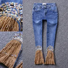 Женская мода кружева сплайсинга джинсы Длинные Карандаш Сексуальные облегающие брюки Стразы Блестки расклешенные джинсы для офисных леди