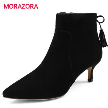 

MORAZORA big size autumn winter high heel ankle boots for women stlietto heel kid suede leather boots pointed toe fringe boots
