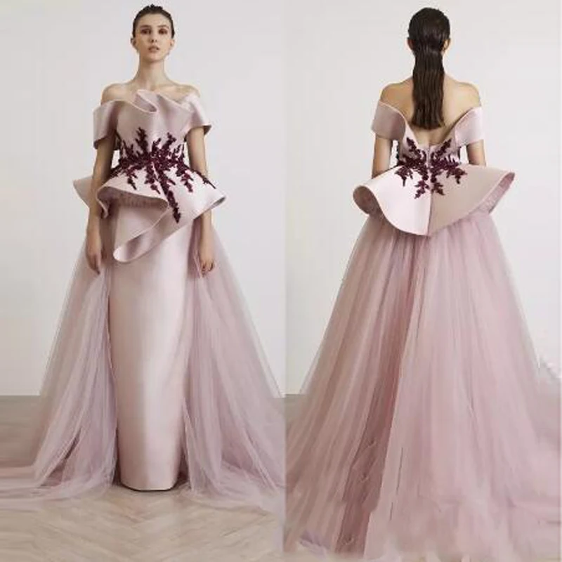Fancy Evening Gown With Tulle Overskirt Off Shoulder Beaded Appliqued Formal Prom Dress Fashion Backless 2018 Satin Party Gowns179