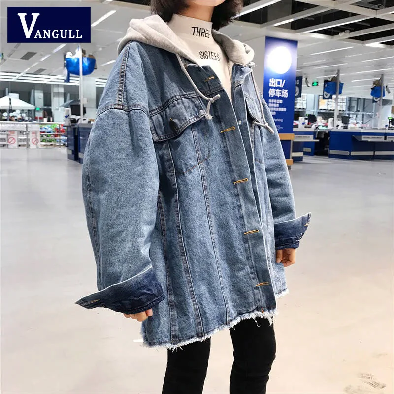 

Vangull Women Denim Jacket Hooded Blue Jeans Jacket Coat Women Loose Casual Hiphop Streetwear Patchwork Cotton Clothing 2019 New