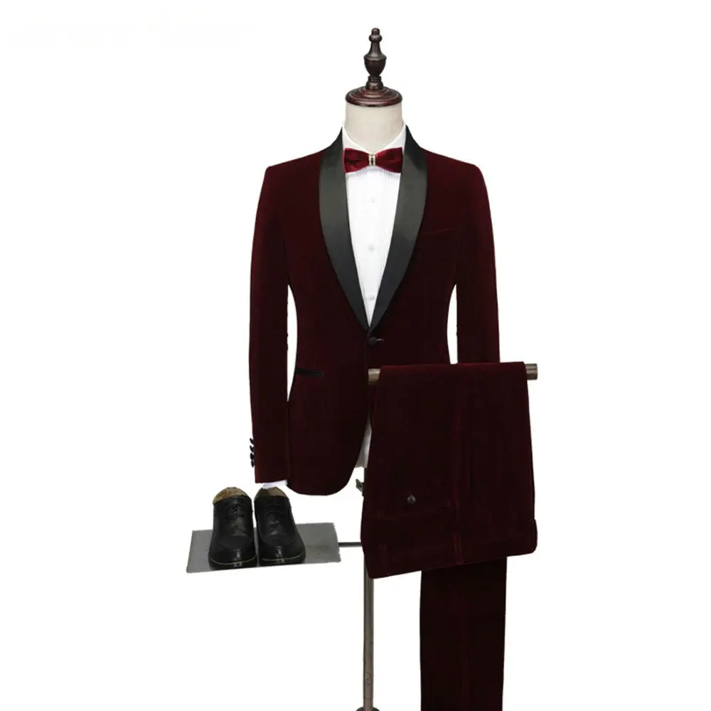 Мужской костюм, смокинг для жениха, Бургундский бархат Terno, приталенный, для свадьбы, выпускного, официальный мужской костюм, комплект из 2 предметов(пиджак+ брюки