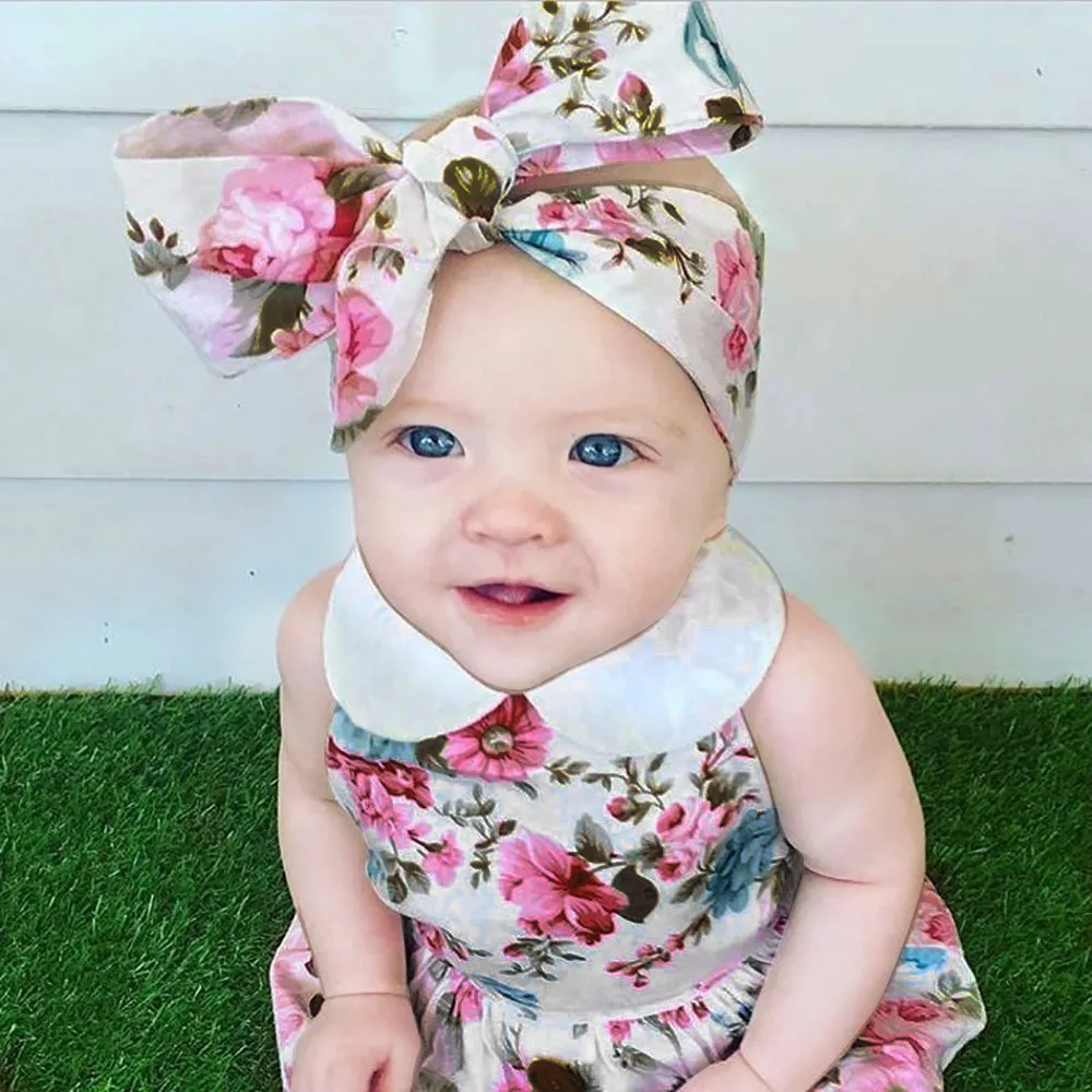 

2PC Newborn Infant Baby Girl Romper Floral Cute doll collar Sleeveless Jumpsuit Sunsuit+Headband Set Summer Princess Clothes