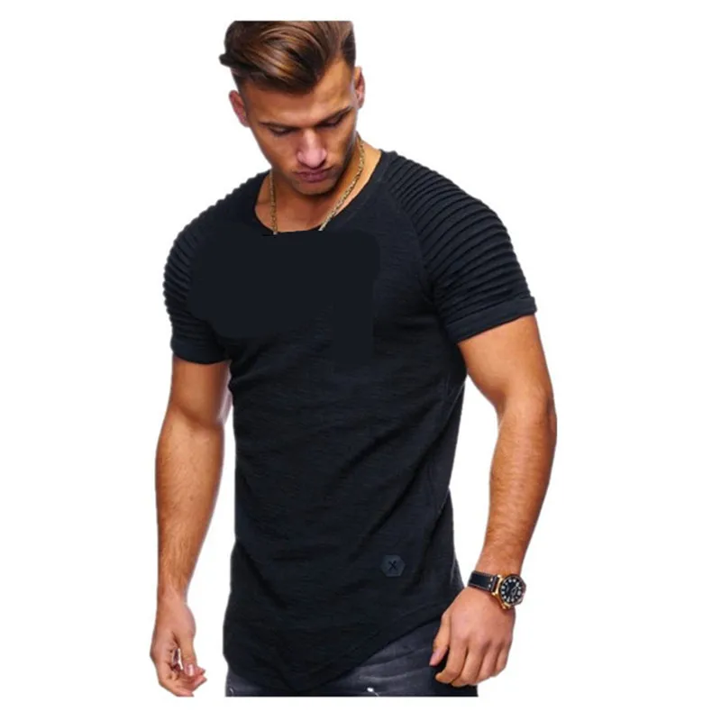 

2019 New summer leisure fashion men's circular collar fitness 4 color stitching short sleeve t shirt stripe pleats hot sale