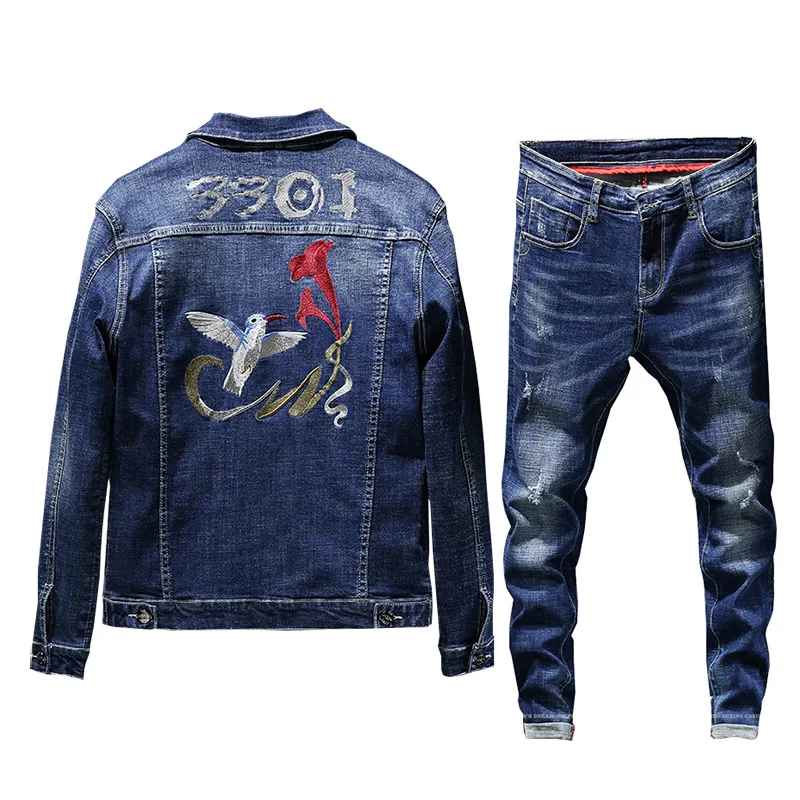 

2019 Brand Men Bird Floral Embroidery Blue Jean Jacket Pant Set Spring Suit Clothes Tracksuits Male Denim Coats Plus Size S-5XL
