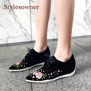 

Stylesowner Woman Increased Heel Wedge Sneakers Shoes Real Leather Embroidery Flower Pointed Toe Casual Loafers Spring Shoe