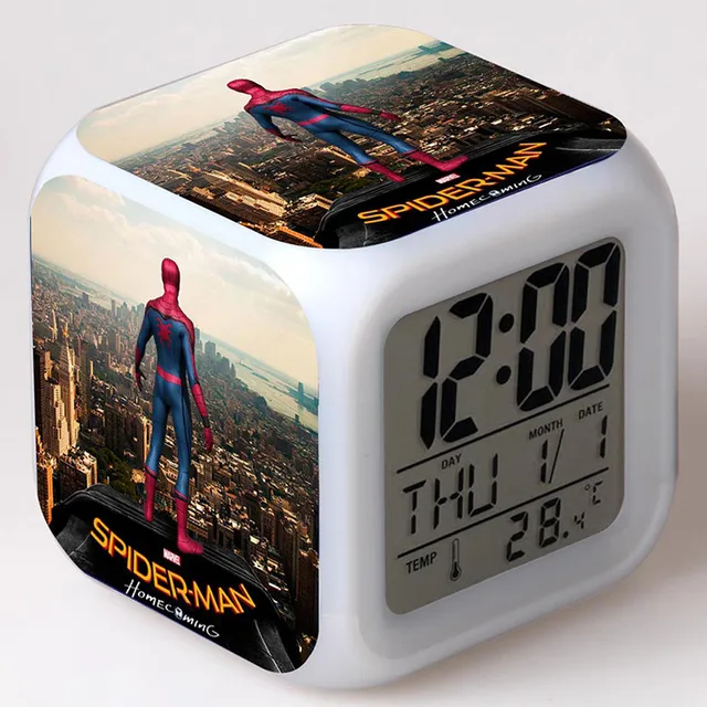 Cheap TV Figma Spiderman Juguetes Clock LED Colorful Glowing Light Thermometer Spider-man Homecoming Figurines Lovely Watch Toys