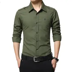 2018 Мужская эполет рубашка модная с длинным рукавом эполет рубашка Военный стиль 100% хлопок армейский зеленый рубашки с эполетами