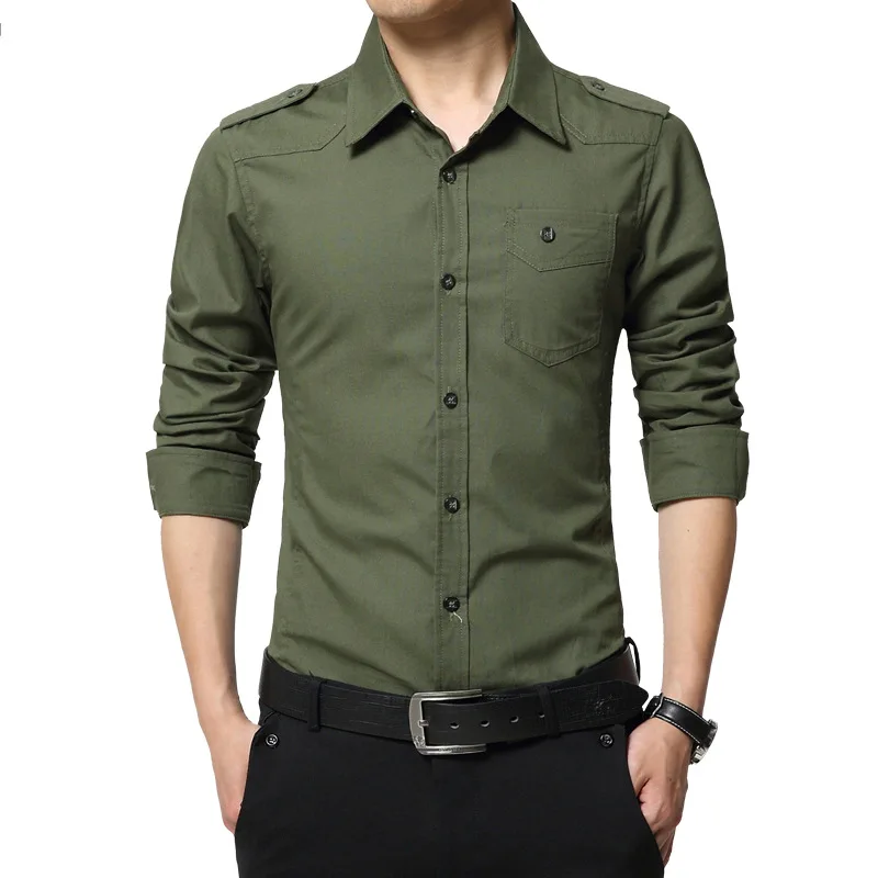  2019 Men's epaulette Shirt Fashion Full Sleeve epaulet Shirt Military Style 100% Cotton Army Green 