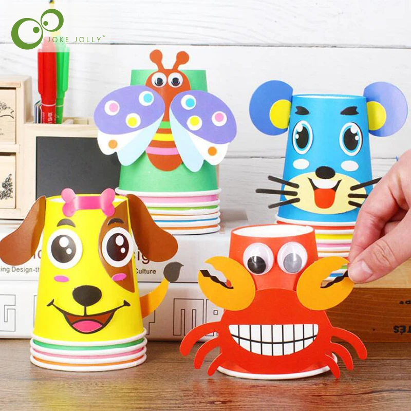 Paper craft toys Craft toys 12pcs Children 3d Diy Handmade Paper Cups Sticker Material Kit Whole Set Kids Kindergarten School Art Craft Educational Toys Gyh