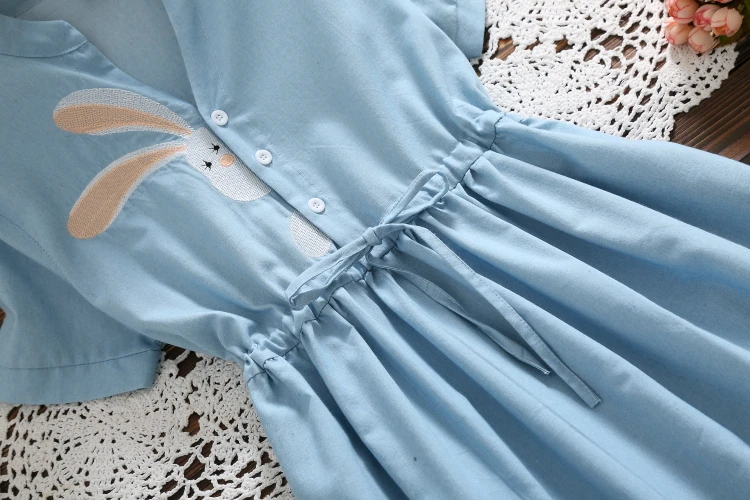 Mori Girl летнее женское платье с вышивкой кролика, с v-образным вырезом, на завязках, голубое женское платье, элегантное платье с коротким рукавом