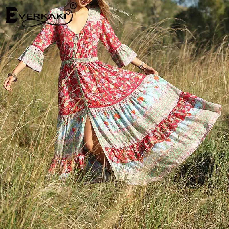 Red Женское платье с цветочным принтом Everkaki Boho, v-образный вырез, регулируемый пояс, половина рукава, длинное платье в стиле бохо, женское платье, лето-осень - Цвет: Red