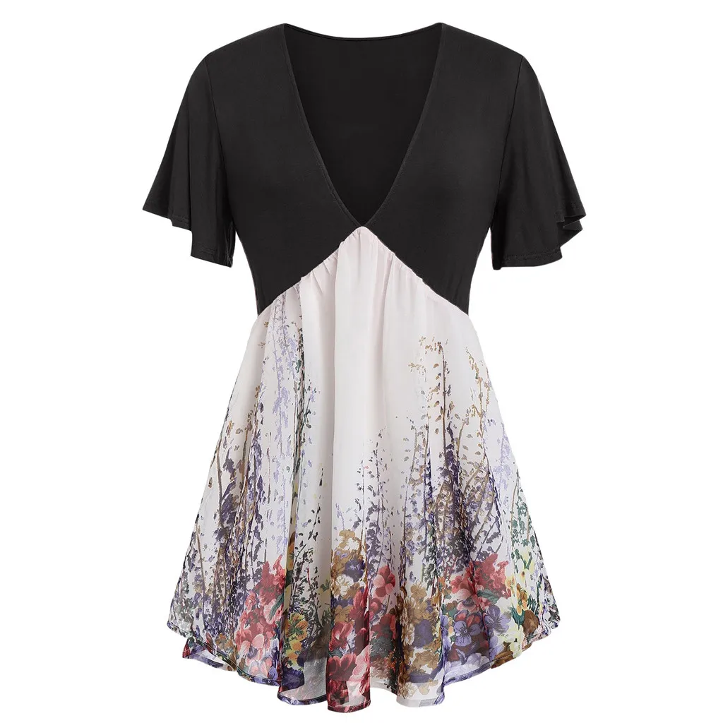 

Summer Casual Women's Plus Size 5XL Loose V-neck Stitching Dress NEW Fashion Short-Sleeved Printed Stitching T-shirt Dress N4