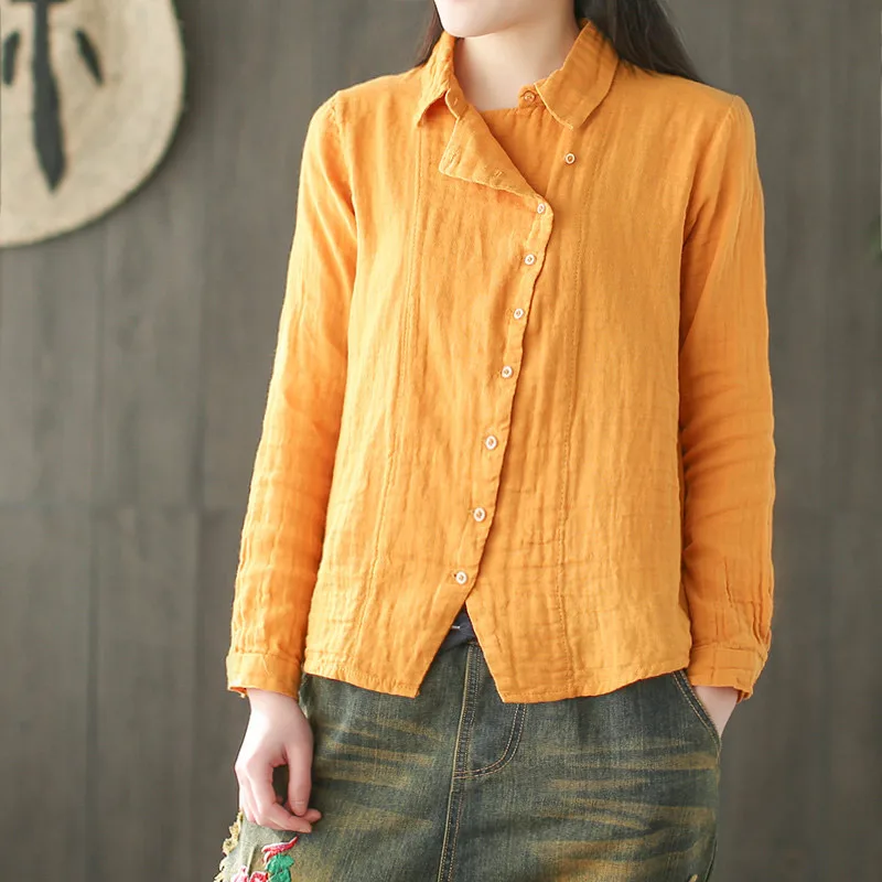 Linen Turn Down Collar Vintage Women Blouses Long Sleeve Buttons Chinese Style Solid Female Summer Shirts 2019 Spring Lady Shirt