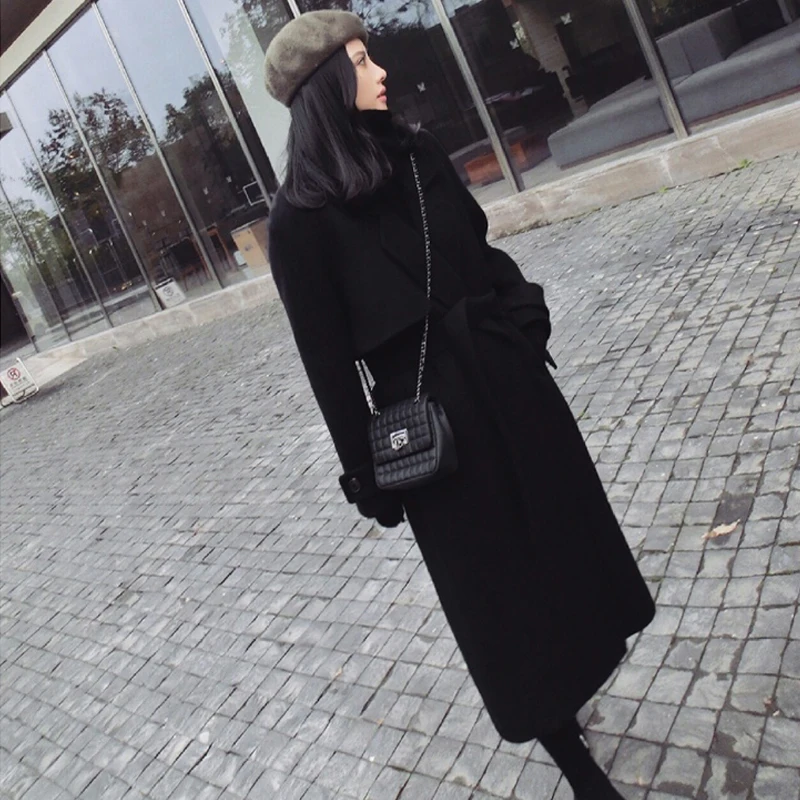 2018 winter woolen coat woman winter double-sided cashmere long section belt over the knees slim woolen coat owterwear jacket