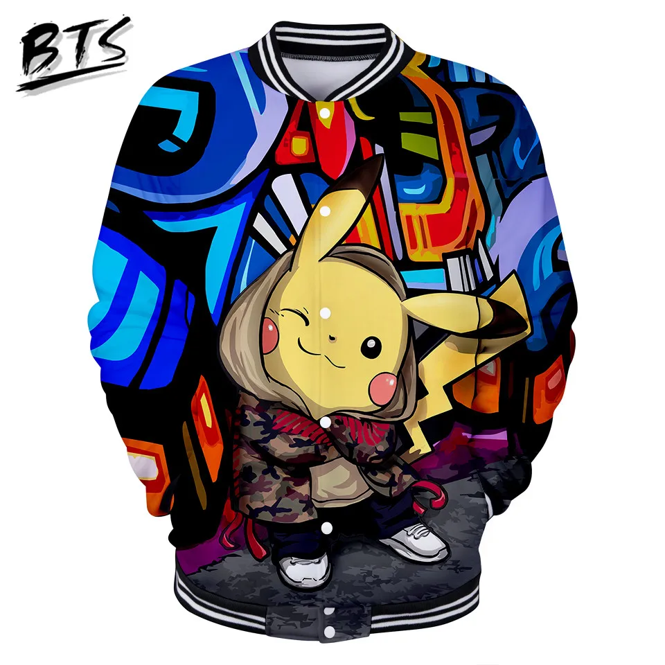 Goedkoop BTS Hot Koop 3D pikachu Kawaii Jas Print Lange Mouwen Baseball Jacket Vrouwen Kleding 2018 Hip Hop Kpop Tops Plus size Q1089