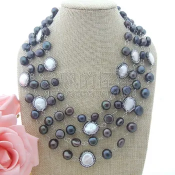 

4 Strands 18'' Black Baroque Pearl White Coin Pearl Necklace
