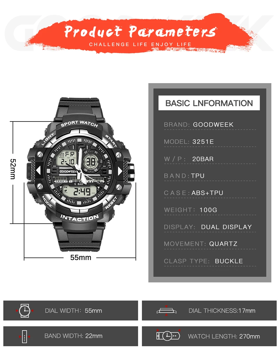 GOODWEEK модные повседневные мужские спортивные часы многофункциональный хронограф Водонепроницаемые светодиодные цифровые Мужские кварцевые часы с двойным дисплеем