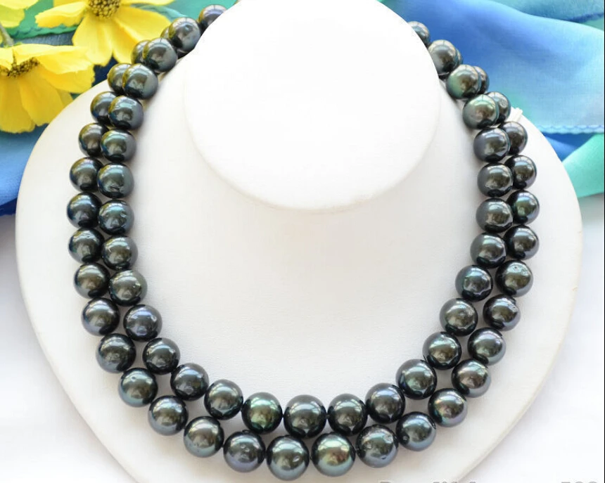 

FREE SHIPPING ****** Huge 2strands 14mm ROUND BLACK Freshwater cultured PEARL NECKLACE