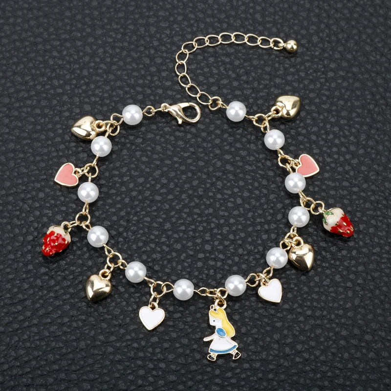

MQCHUN Gold Color Alice In Wonderland Charms Bracelets With Heart Imatation Pearl Poker Strawberry Charm Chain Bracelets Bangles