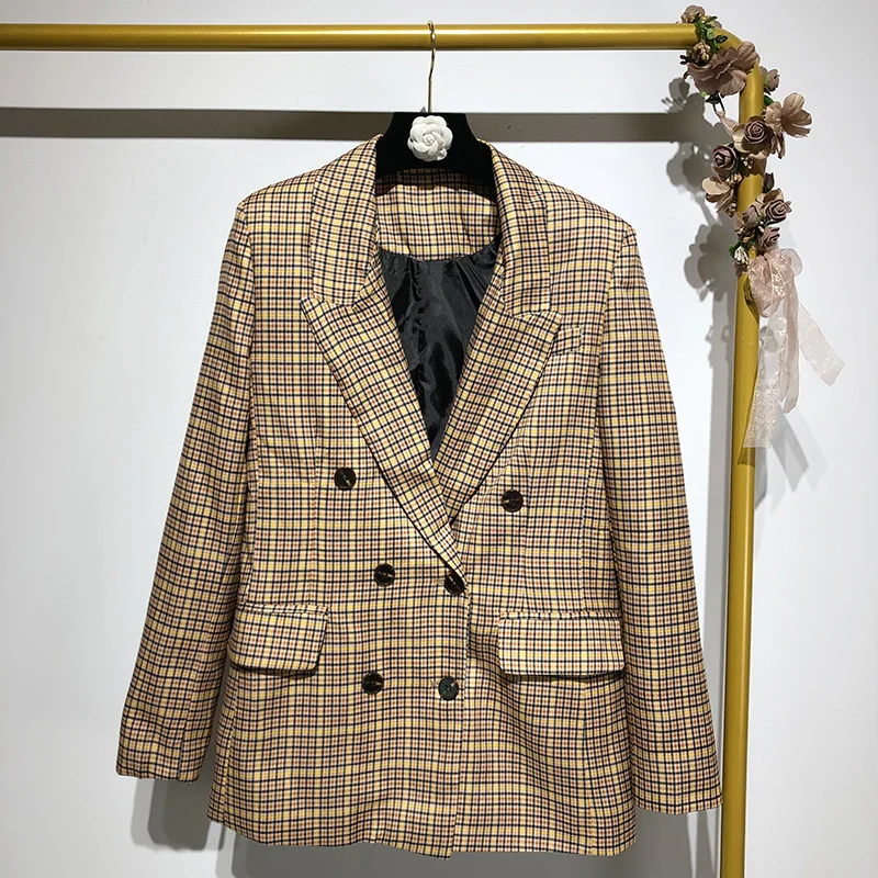 

Women's suit jacket 2019 autumn retro British style double-breasted plaid small suit office long section women's jacket
