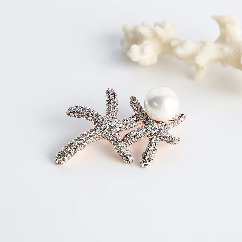 

Creative Design Pearl Exquisite Cute Shinning Rhinestones Pave Double Starfish Large Brooches and Pins for Women Jewelry