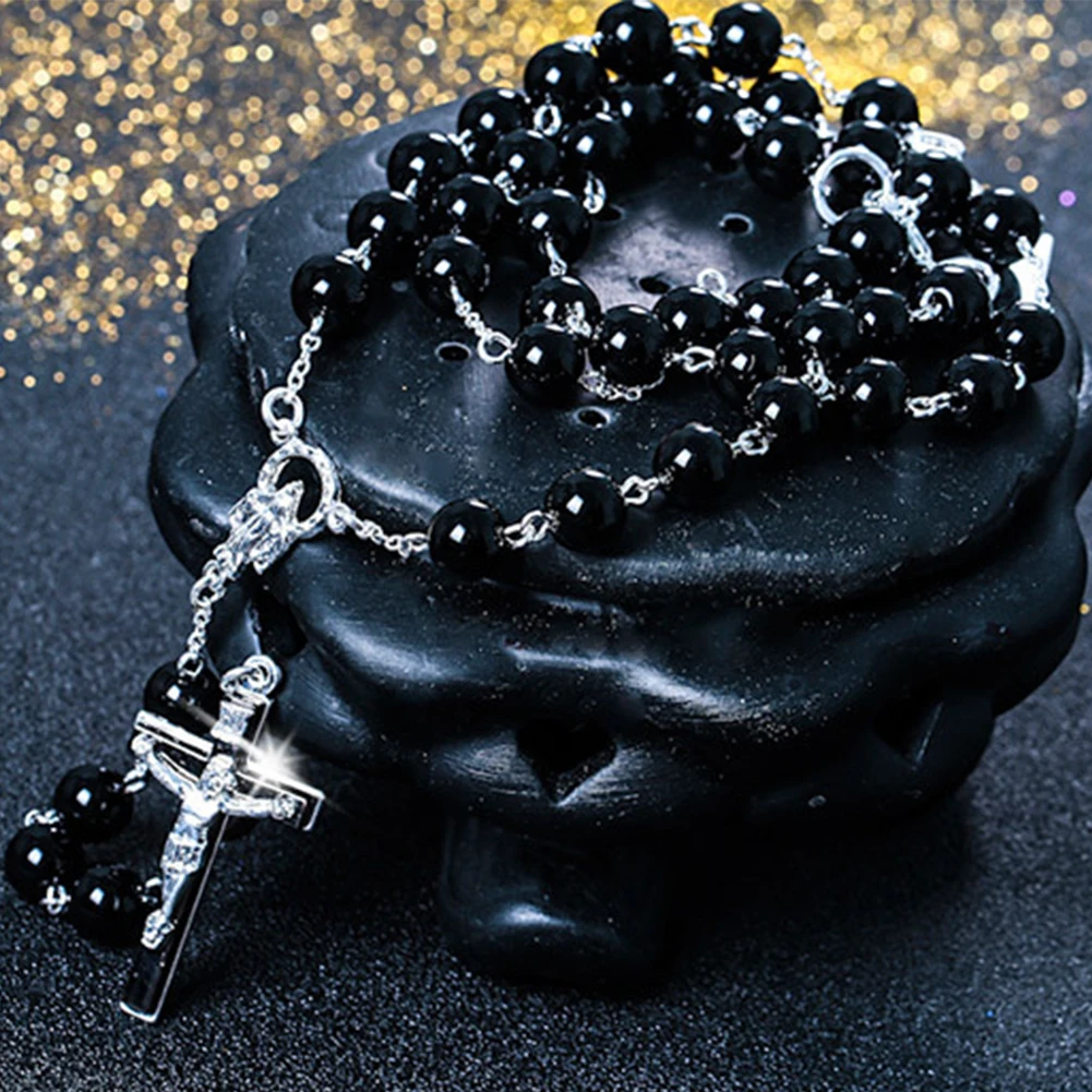 

Black Stone Wood Beads Necklace with Black Stone Cross Pendant Rosary Necklace Men Women Jewelry #8