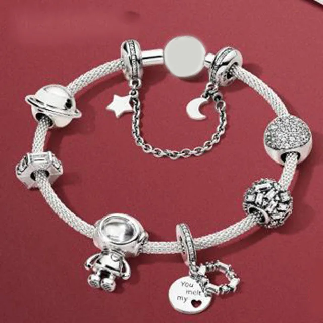 

Fanier 100% 925 Sterling Silver Bracelet Set Winter Love Planet Security Current Charm Pave Level Astronaut Galaxy Galaxy
