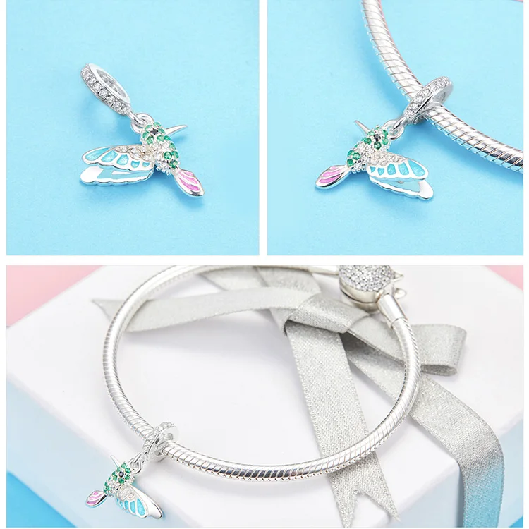 silver earrings BAMOER 925 Sterling Silver Green Warbler Pendant Colorful CZ Bird Animal Charms Fit Charm Bracelets Bangles DIY Jewelry SCC991 gold necklace