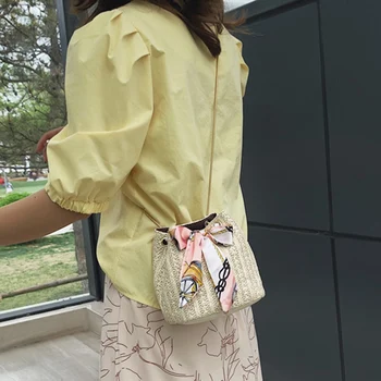 

BEAU-Women Vintage Joker Crossbody Fashion One Shoulder Drawstring Dumplings Straw Bags Beach Messenger Summer Rattan Cross Bo