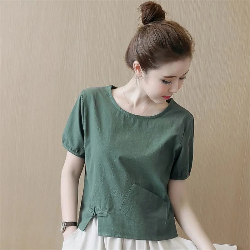 

Tops Woman Cotton Linen Short Sleeves Solid Shirts Casual Round Neck Short Tops Female Plus Size Fashion Slimming Blouses White