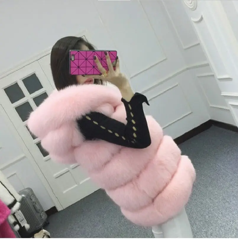 S-4XL, женское меховое пальто с капюшоном, новинка, зимний толстый теплый жилет из искусственного меха серебристой лисы, Женский высококачественный модный кардиган Cappa - Цвет: pink