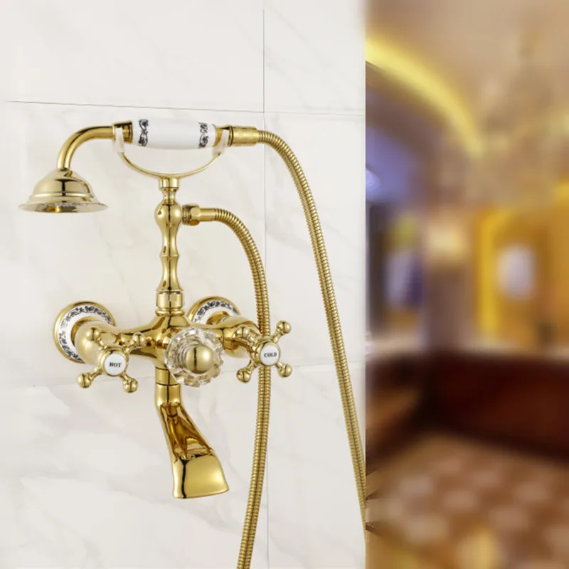 

Shower Faucet Ceramics Crystal Retro Brass Bathroom Shower Set Faucet Wall Mounted Phone Style Dual Handle Mixer Taps AD-8862