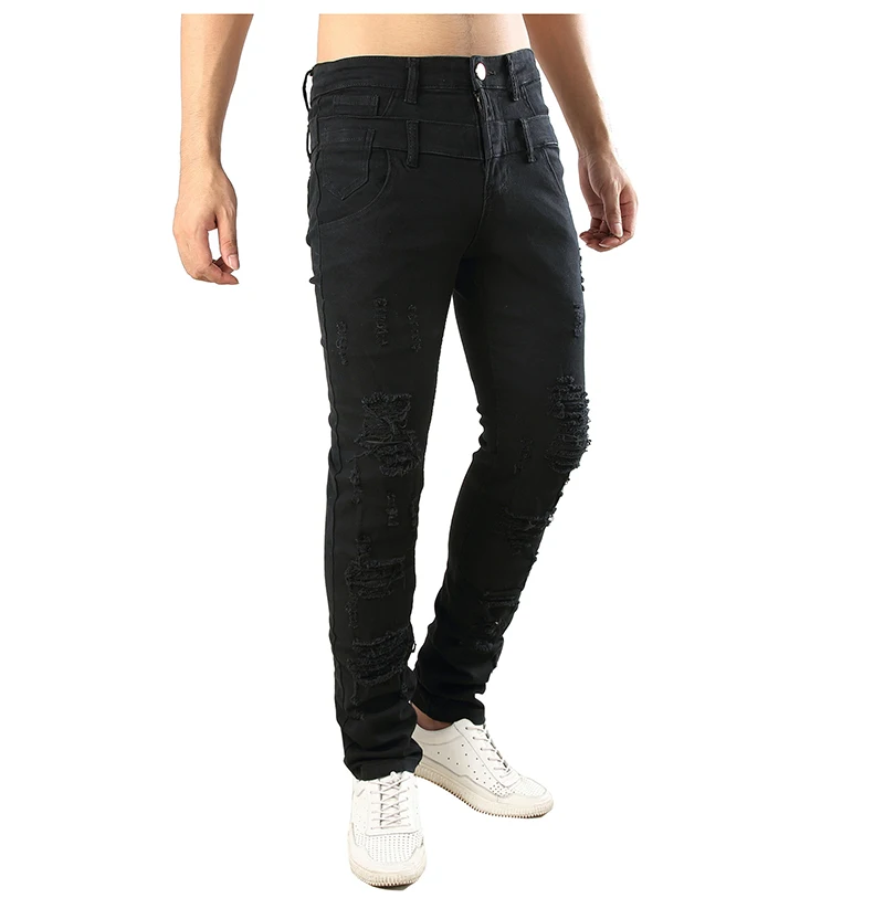 Для мужчин отверстия рваные джинсы стрейч Повседневное slim fit Проблемные Джинсы Синий черный, красный