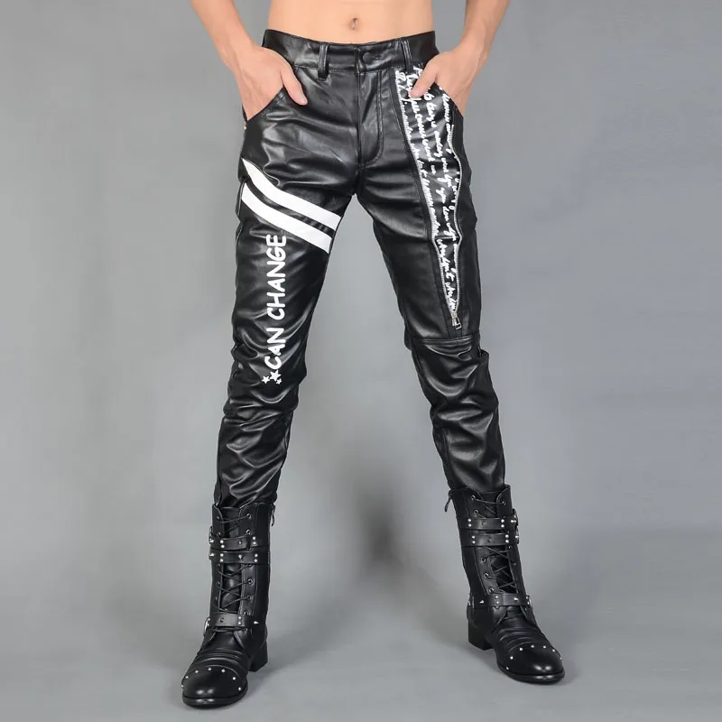 

Black motorcycle faux leather pants men straight casual trousers pu letter pants for men fashion pantalon homme personalized