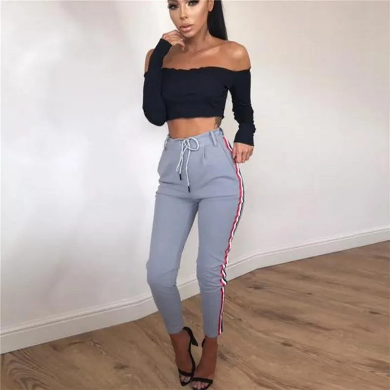 

new style hot sale slim drawstring woman pants solid high casual comfortable elastic female ankle-Length pants